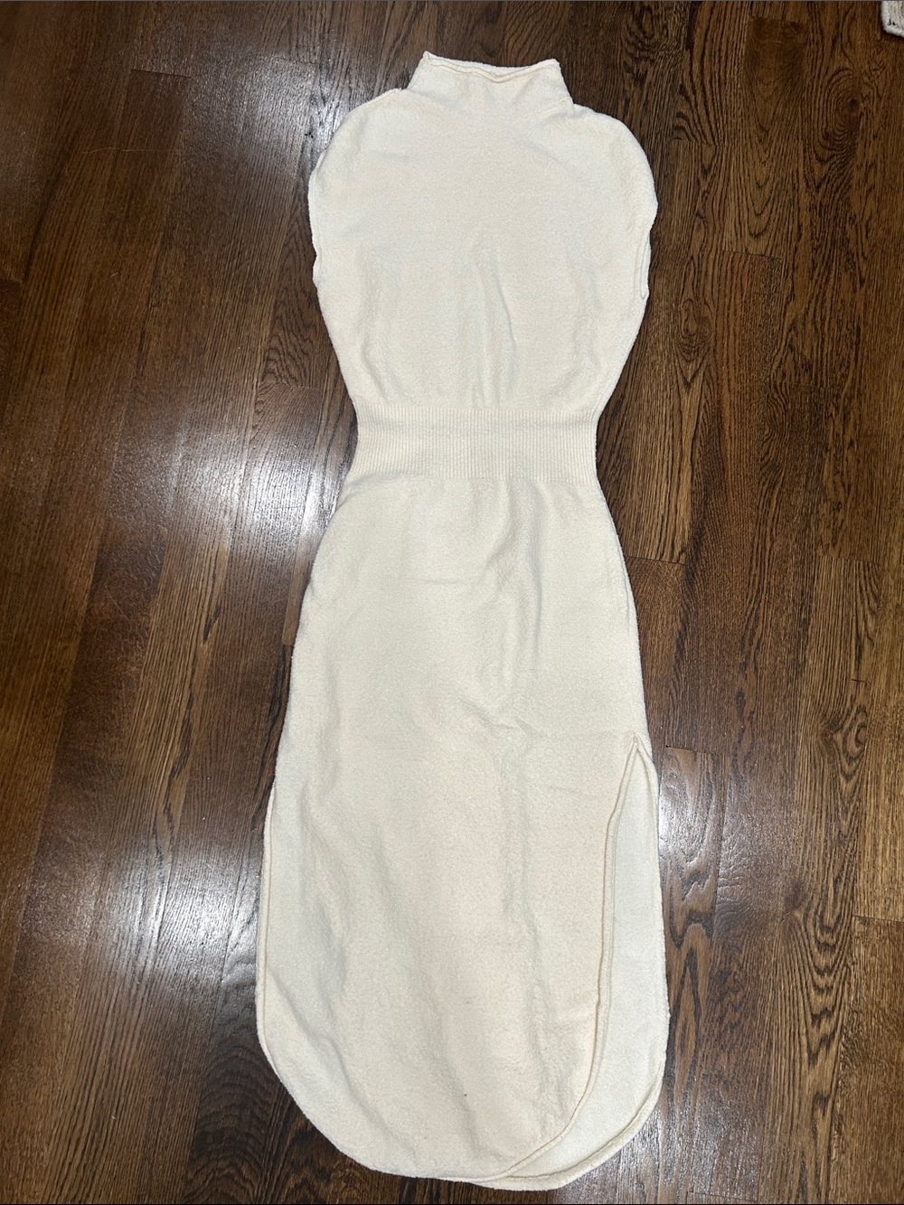 Daily Practice Column Sleeveless Cream Knit Textured Midi Dress with High Neck